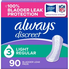 Always Discreet Adult Incontinence Pads for Women, Drier, 3 Drop Regular Length, Light Absorbency, Pads for Bladder Control Management, Bladder Leaks, & Postpartum Pads, 90ct