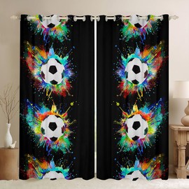 Football Curtains for Bedroom Living Room Kids Soccer Ball Pattern 30%-50% Blackout Curtains Boys Girls Hip Hop Darkening Drapes Sports Theme Black Window Treatments W46*L54