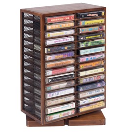 WodGod Cassette Tape Storage Box, Wood Cassette Rack, Wooden Cassette Tape Holder 360-Degree Rotatable, 56 Capacity, Double-Sided & Diamond Metal Wire Mesh, the Ideal Gift for Cassette Collectors