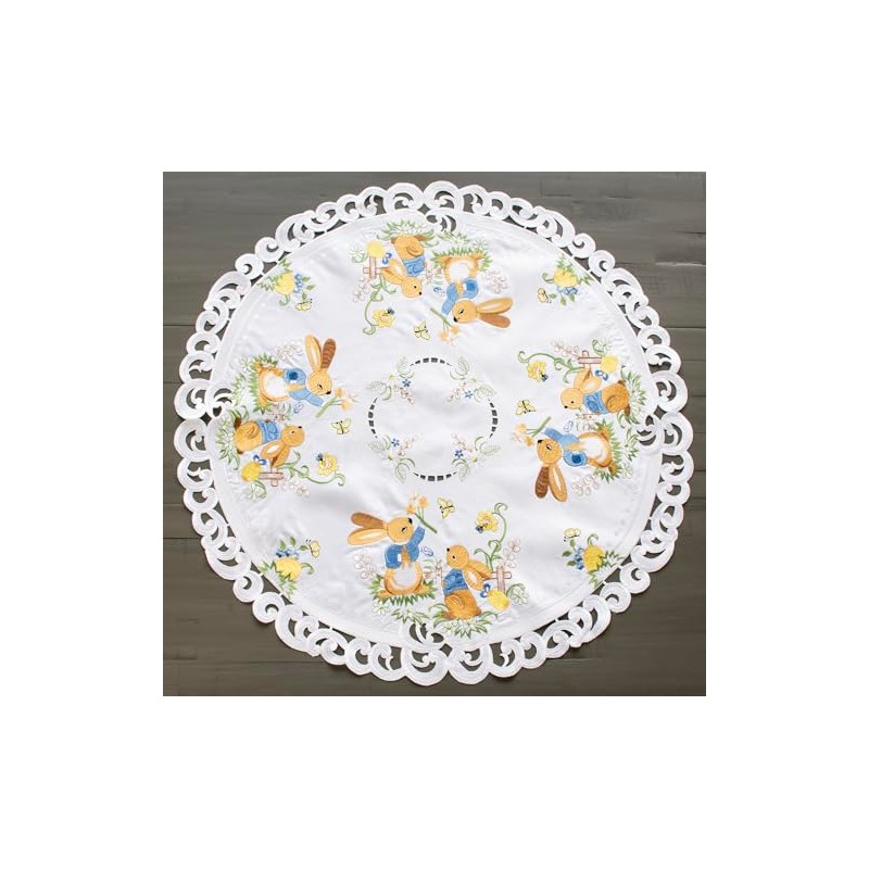 Easter Bunny Table Topper, Round Decorative, White with Floral Pattern