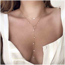Erimberate Bohemian Layered Pearl Necklace Vintage Long Y Necklace Gold Karma Circle Necklace Tiny Pearl Lariat Necklace Jewelry for Women and Girls