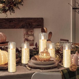 DRomance Flickering Flameless Candles String Lights with 10-Key Remote and Timer Battery Operated LED Pillar Candles Plastic Glass 3D Wick Mood Light Christmas Holiday Decor-7 Pack Transparent