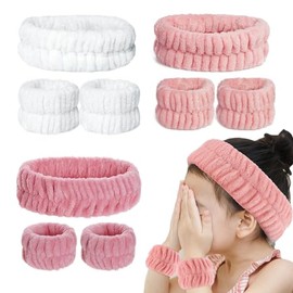 3 bandas y 6 muñequeras JAMAALCCD en blanco y rosa, microfibra de color sólido para lavar y maquillar