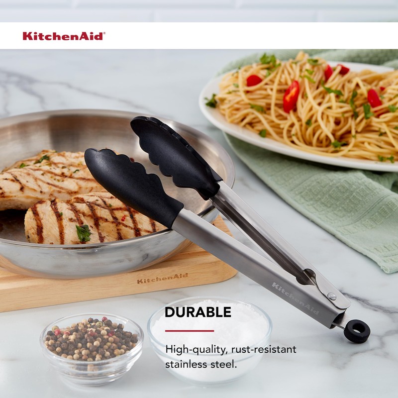 KitchenAid Silicone Tipped Stainless Steel Tongs, Black, 9 Inch