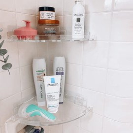 JiePai Acrylic Corner Shower Caddy Shelf with Hooks 2 pack, Adhesive Wall Mounted Bathroom Shower Shelf Organizer for Inside Shower & Kitchen Storage