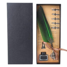 Feather Dip Pen Set, Antique Calligraphy Writing Pen, Calligraphy Set, Feather Quill, Feather for Children, Friend, Christmas, Birthday, Gift Set (Green)