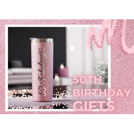 Onebttl 50th Birthday Gifts for Women, Female, Her - 50 and Fabulous - 20oz/590ml Stainless Steel Insulated Glitter Tumbler with Straw, Lid, Message Card - (Rose Gold)