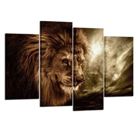 KREATIVE ARTS - Lion Wall Art Canvas Painting Framed and Ready to Hang 4 Panels Large Contemporary Pictures Abstract Lion Canvas Prints for Home Living Room Bedroom Decoration