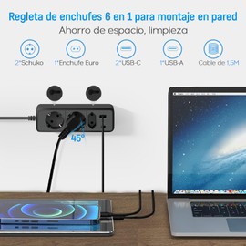 4 Port USB Power Strip Max 2500W 16A with USB-C Female Wall Mount Switch for Smartphones Laptops