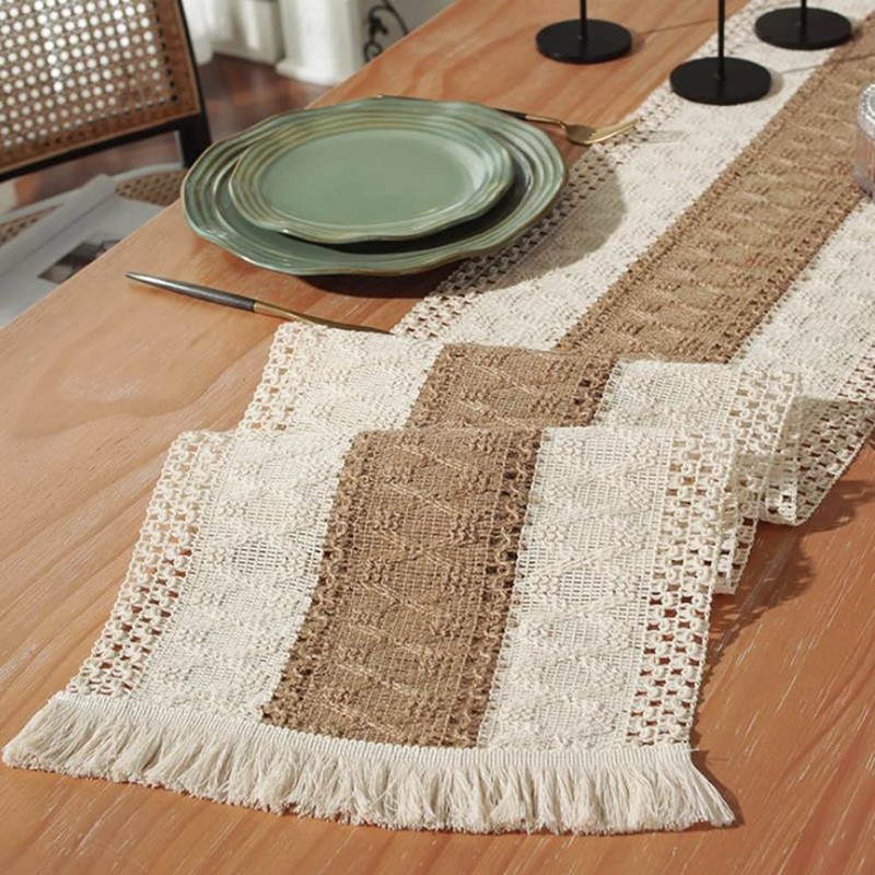 Macrame Table Runners Cotton Linen Fringe Boho Table Runner, Rustic