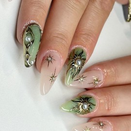 24Pcs Almond Press on Nails Medium Stiletto Fake Nails with 3D Gold Sun Star Charms Pearl Totem Design Gothic Acrylic Nails Gilded Line Green Glue on Nails French Almond False Nails for Women Girls