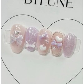 Lavender Bonbon Handmade Nail Tip Ribbon Nail Tip - Almond / 라벤더봉봉 수제네일팁 리본 네일팁 - 아몬드
