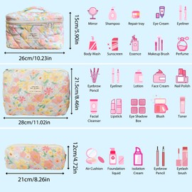 Quilted Makeup Bag, Large Capacity Travel Cosmetic Bag for Women and Girls, Aesthetic Storage for Daily and Travel Use, Pink, 3pcs-floweroilpainting Print