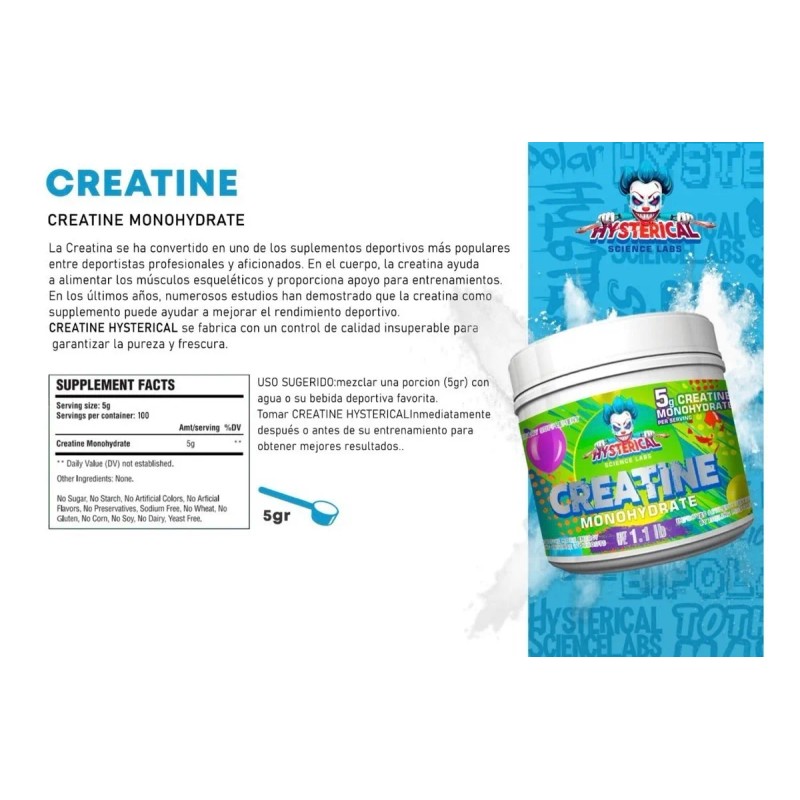 Creatina Monohidratada Hysterical 1.1 Lb 500g 100 Servicios Sabor Sin