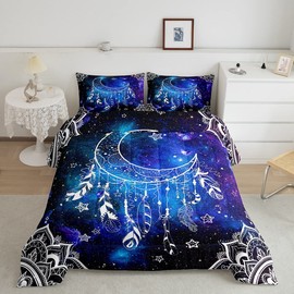 Dream Catcher Comforter Set King Size Starry Galaxy Universe Quilt Set Tribal Style Feather Bedding Set 3pcs for Kids Girls Boys Home Decor Fantasy Exotic Mandala Duvet Insert,2 Pillowcases