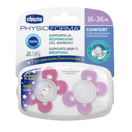 Chicco PhysioForma Comfort, Chupete 16-36 Meses, 2 Piezas, Chupetes con Tetina de Silicona, Ayuda a la Respiración Fisiológica, Favorece el Desarrollo Correcto de la Boca, Colores Surtidos, Rosa Claro