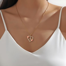 Unurgoonit Stainless Steel Gold - Plated Heart - Shaped Pendant Necklace with Initial A, Pink Flowers and Cubic Zirconia for Women - Sweet Fashion Jewelry A