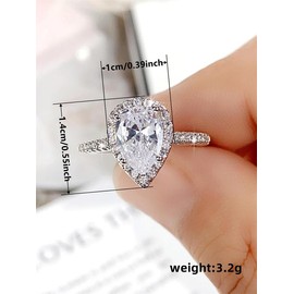 Elegant Water Drop Shaped Rhinestone Decorated Ring Perfect As Gift, Fashion Accessories for Wedding Party, Engagement Gift Jewelry for Women:_Silver_5