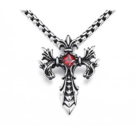 MayiaHey Gothic Double Dragon Cross Necklace for Men, Punk Dragon Sword Necklace Stainless Steel Dragon Cross Pendant Necklace (Red)
