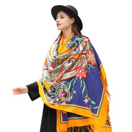 DANA XU 100% Merino Wool Extra Large Pashmina Blanket Travel Scarf Cashmere Wrap for Women Fall Winter Oversize Shawl Floral
