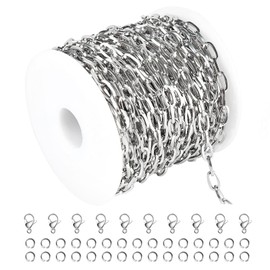 Kyutong - Cadena de cadena ovalada plana de acero inoxidable de 32.8 pies, cadena de eslabones de plata con cierres de langosta y anillos abiertos