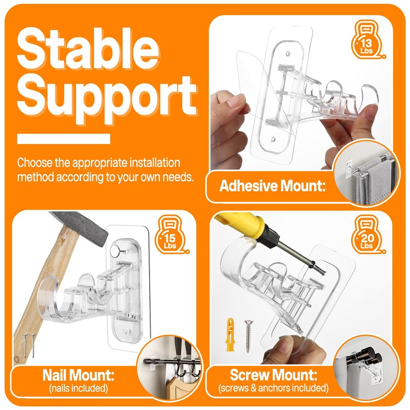 Antimbee 6-Pack Double Curtain Rod Bracket, Adhesive No Drill Curtain