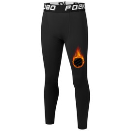 Poekuao Boys Thermal Compression Leggings Youth Fleece Lined Sports Base Layer Pants Kids Quick Dry Athletic Tights Cold Weather Gear Black XS
