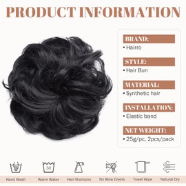 Hairro Hair Bun, Messy Curly Wavy Fake Synthetic Hair Bun Extensions for Women, 2pcs each pack Natural Black