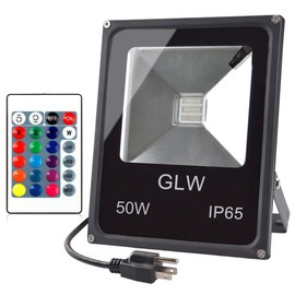 GLW RGB LED Flood Lights,50W Outdoor Super Bright Spotlight,High Power 16 Colors Remote Control Floodlight,4 Modes with US 3-Plug,IP65 Waterproof Spotlight for Stage,Yard