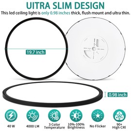 20 Inch Dimmable LED Ceiling Light Fixture, Ultra Thin Flush Mount, 40W 4000Lumen, 3 Color Changeable, Round, Black, for Dining Room, Kitchen, Bedroom, Office, Hotel
