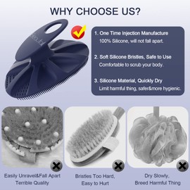 BEAUTAIL Silicone Body Scrubber Shower Bath Wash Brush Gentle Exfoliating Scrub Cleansing Loofah for Women Men Baby Sensitive Skin, Easy to Clean, Lather Nicely, More Hygienic, 1 Pack, Blue