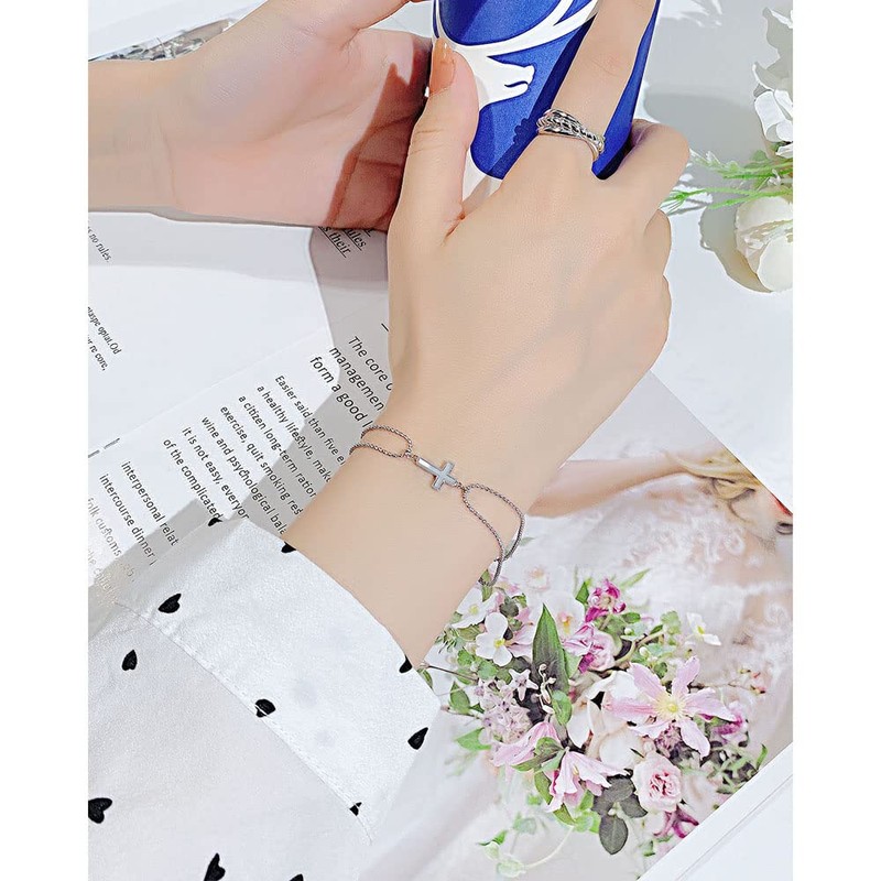 Rockyu Womens Silver Cross Bracelet Adjustable Double Ball Chain Hypoallergenic