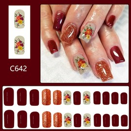 Fall Press on Nails Short Square Fake Nails Autumn Flower False Nails with Glitter Designs Glossy Red Elegant Glue on Nails Full Cover Acrylic Artificial Nails Fall Floral Stick on Nails for Girls