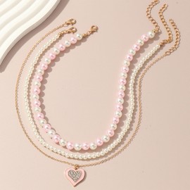 Pink Heart Necklaces Pearl Necklaces for Women Romantic Layered Heart Pendant Necklaces Jewelry Valentine Gift for Girls