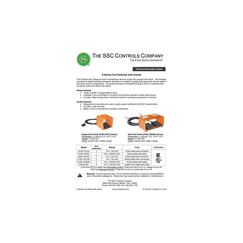 SSC Controls S100-1501-G Foot Switch with Guard, Electrical, Momentary Action,