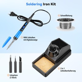 BOSYTRO Kit Saldatore, Saldatore 90w Alta Efficienza, Regolaz. Temp. Lcd 180-500℃. Dotato Di 3 Punte, Filo Di Stagno, Supporto, Copertura Protettiva & Modalità Sospensione Auto (Blu)