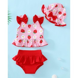 Baby Swimsuit Girl 6-9 9-12 Months Baby Bathing Suit Girl Two Piece Red Strawberry Bikini Summer Beach Swimwear Infant Tankini Hat Set 6-12 Months