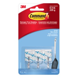 Command Wire Hooks, Small, Clear, 3 Hooks 4 Small Strips
