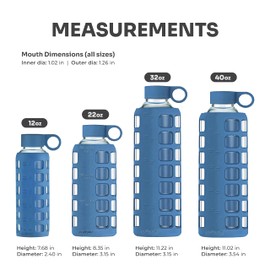 Purifyou Borosilicate Glass Water Bottles Chinese Porcelain 40/32/22/12 oz 40oz | Volume Markers, Silicone Sleeve, Stainless Steel Lid, Reusable Bottle, for Water, Juice, Gym, Fridge Storage