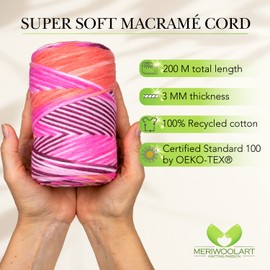 MeriWoolArt® Premium Macrame Yarn - Macrame Cotton Yarn 3 mm x 200 m - Super Soft Yarn, Single Twist Macrame Cord - Oeko-Tex 100% Recycled Cotton for DIY Boho Decoration Crafts
