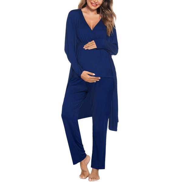 SWOMOG Maternity Nursing Robe Set 3 Piece Postpartum Breastfeeding Pajamas