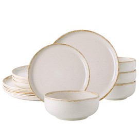 AmorArc Ceramic Dinnerware Sets, Wavy Rim Stoneware Plates and Bowls Sets, Highly Scratch Resistant | Dishwasher & Microwave Dishes set, Service for 4 (12pc)-Speckled Cappuccino)