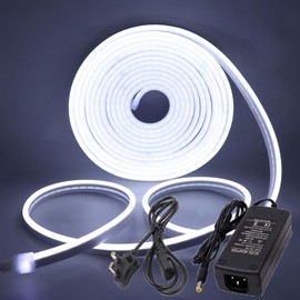 Wisada 12V LED neon Light Strip with 5A Power Supply, IP65 Waterproof Flexible, 120 LEDs/M 5m White Light 6000K LED Light Strip CRI85+, can be Cut Every 2.5cm, Home Decoration