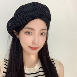 AWOCAN French Beret for Women Crochet Summer Beret Artist Painter Beanie Breathable Thin Cap, black, L