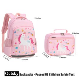 Octsky Backpack for Girls Kids School Backpacks with Lunch Box Preschool Kindergarten BookBag Set With Chest Strap (Candy Unicorn Pink)