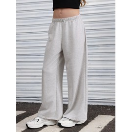 SOLY HUX Girl's Wide Leg Sweatpants Elastic High Waisted Loose Baggy Pants with Pockets Light Grey 11Y