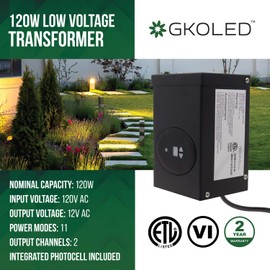GKOLED ETL Listed 120W Low Voltage Transformer with Photocell and Timer, 120V AC to 12V AC Outdoor Power Pack, Dual Isolated Outputs, for Landscape Lighting Systems, Fully Encapsulated Toroid Core