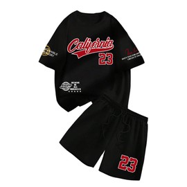 VIPWOLF Men's 2 Piece Outfits Short Sleeve Letter Graphic Tees and Number Drawstring Shorts Black and Red XX-Large