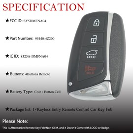 MechanMagic Smart Key Fob Keyless Entry Fits for Hyundai Santa Fe 2013 2014 2015 2016 2017 2018 Remote Control Key Replacement SY5DMFNA04 95440-4Z200