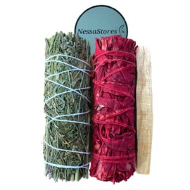 NessaStores 3 pc Smudge Stick Sampler of Ruda Rue, Dragon's Blood Sage, & Palo Santo - 4 Inch, All Natural, Ethically Sourced for Home Cleansing JC-209-B